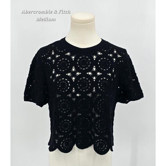 Abercrombie & Fitch Tops - Abercrombie & Fitch Cropped Crochet Eyelet Knit Top – Black – Size Medium NWT